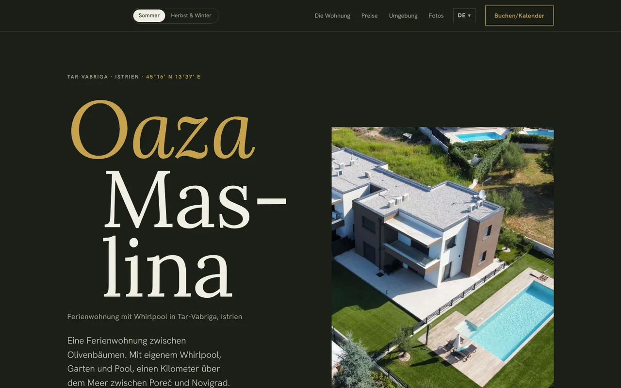 Startseite der Website oaza-maslina.com im Sommer-Modus